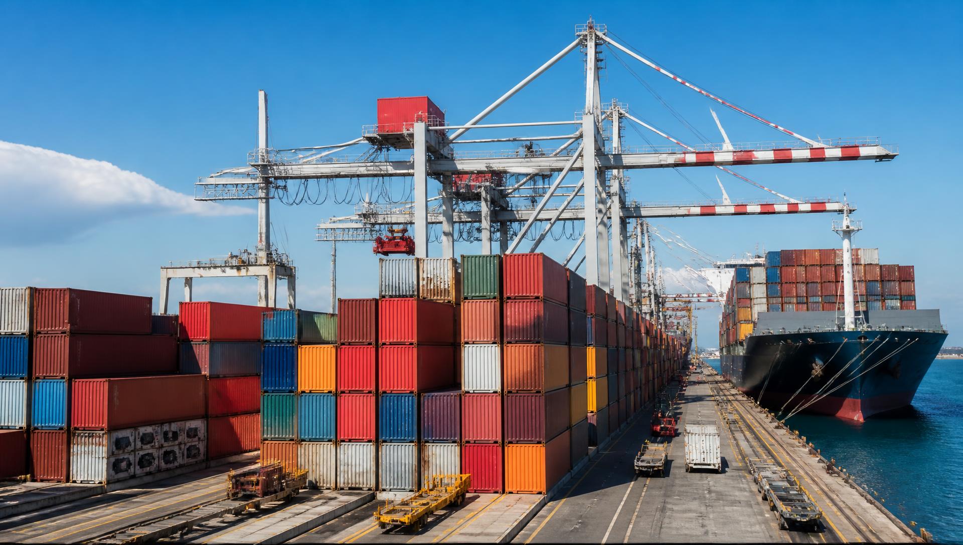 Container ship loading at a port in daylight